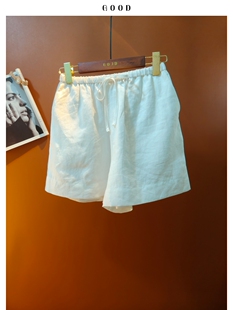 白色慵懒松弛感亚麻短裤 松紧腰抽绳宽松舒适休闲有口袋短裤子女J