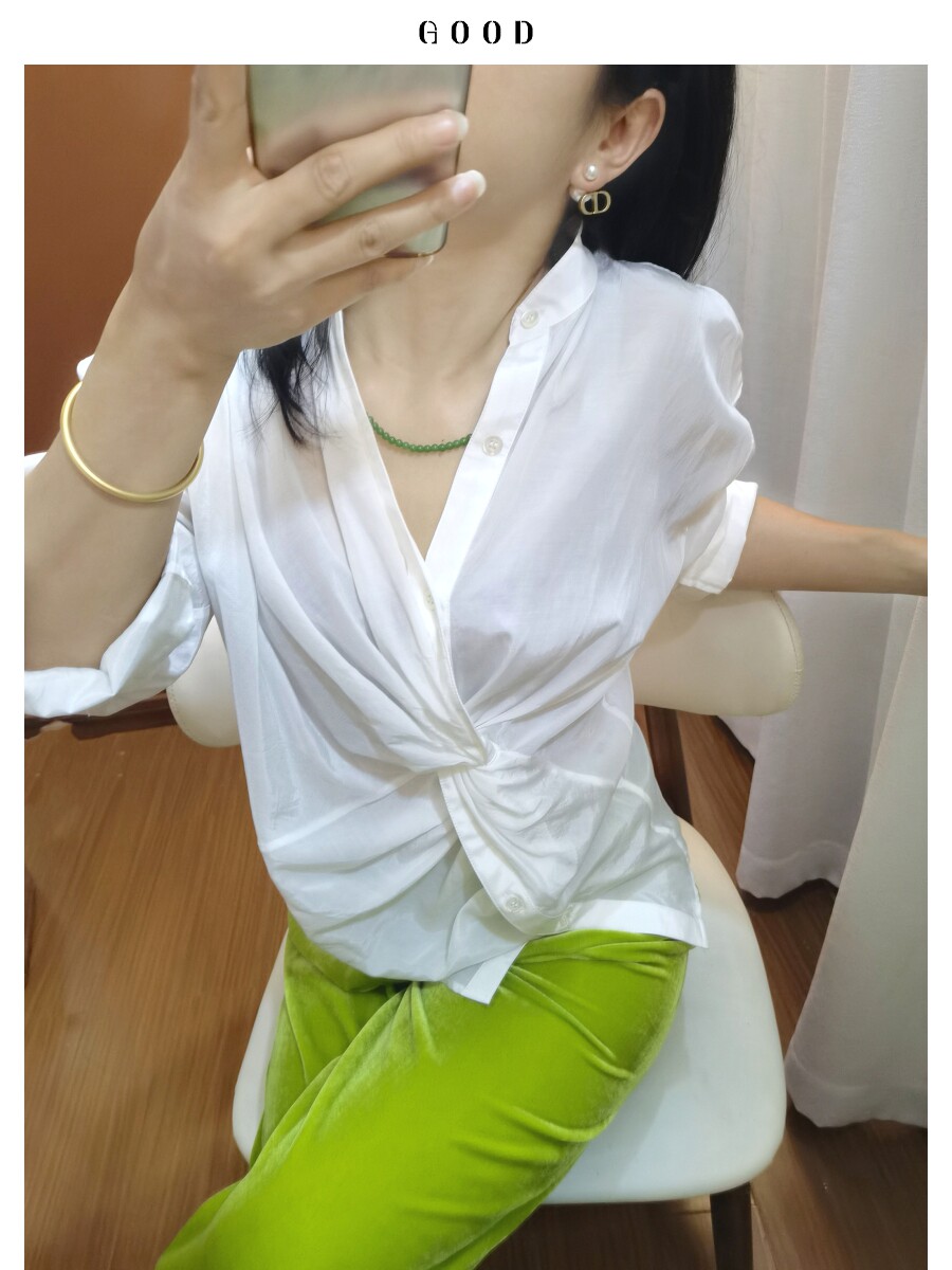 洋气扭结设计感衬衫 可V领可立领 天丝拼棉 夏季女慵懒松弛感上衣