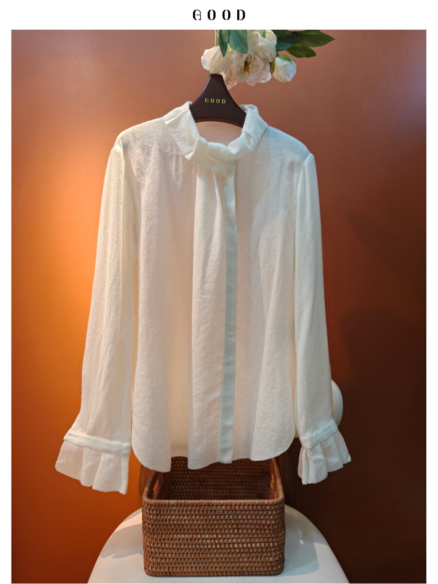 法式优雅羊毛中长款衬衫 减龄木耳领长袖花边袖口设计感小众上衣,女装/女士精品,衬衫,淘宝优惠券,粉丝福利购,淘宝优惠卷