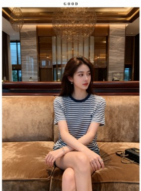 进口棉天丝轻薄条纹刺绣显瘦T恤