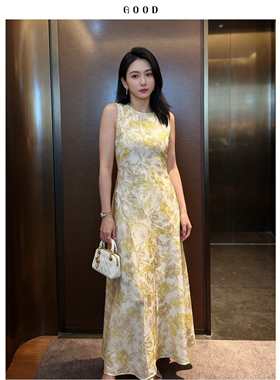 轻奢名媛优雅无袖连衣裙 黄色印花显白定位拼接收腰A字型女长裙子