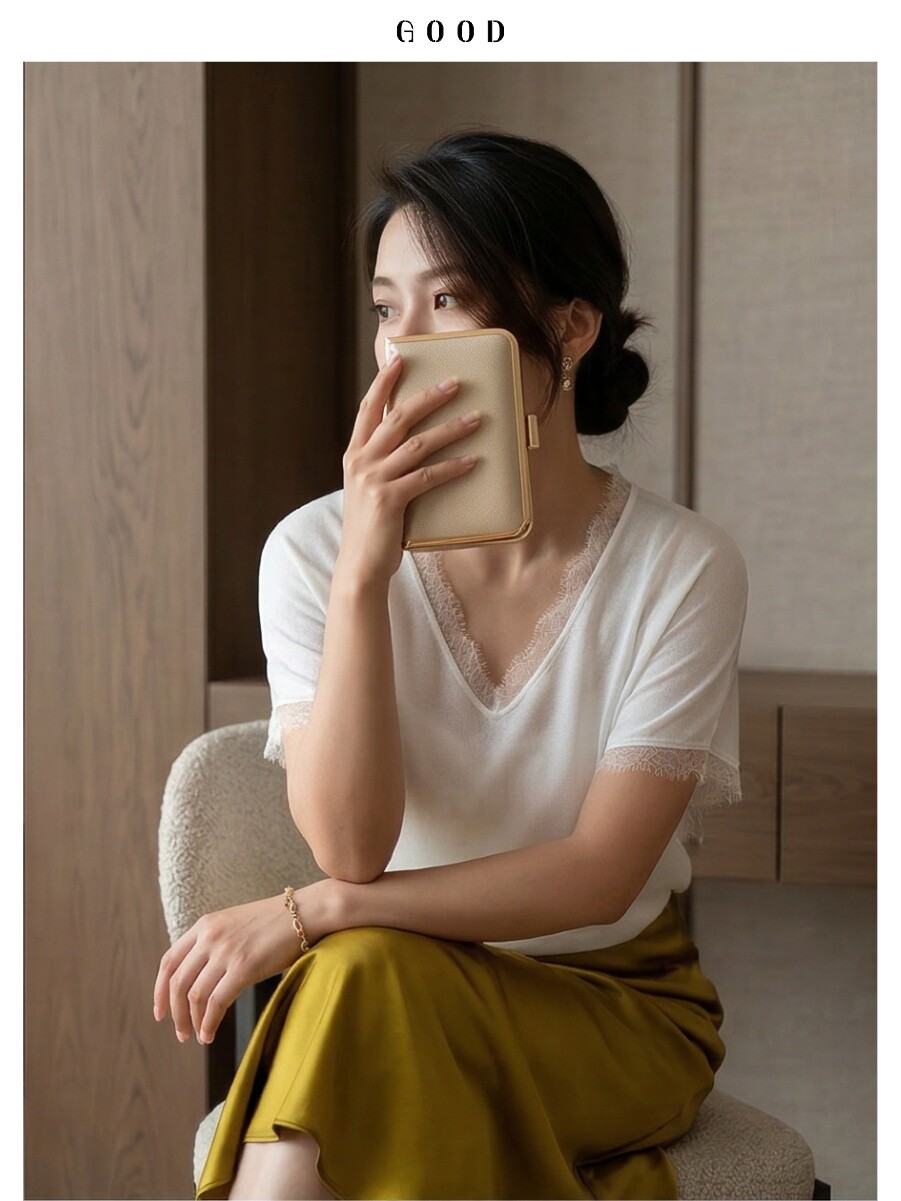 松弛感精致蕾丝V领短袖T恤 2026年新款宽松腰显瘦百搭女士上衣