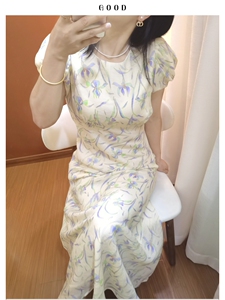 苎梦流光 洋气泡泡袖高腰线收腰长裙 100苎麻女士夏季碎花连衣裙A