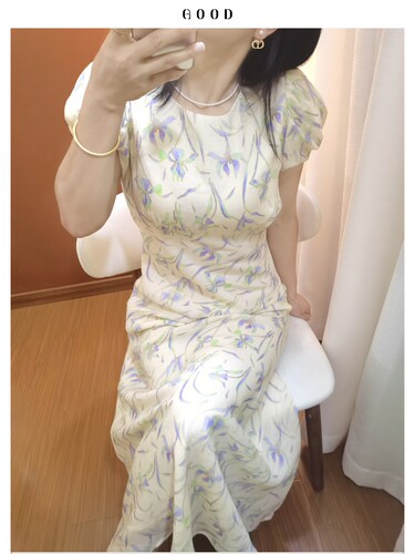 苎梦流光 洋气泡泡袖高腰线收腰长裙 100苎麻女士夏季碎花连衣裙A