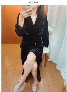 真丝丝绒长款风衣V领显瘦