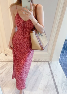 v领100真丝侧开叉显白高腰氛围感轻奢高级感长裙f 粉色吊带连衣裙