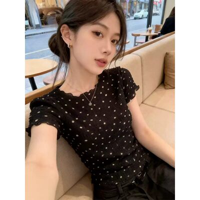 夏季时尚复古小众修身辣妹波点短袖t恤女独特别致显瘦设计感上衣