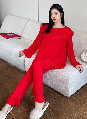 春夏季节女士简约休闲大码睡衣新年大红套装可外穿家居服一件代发