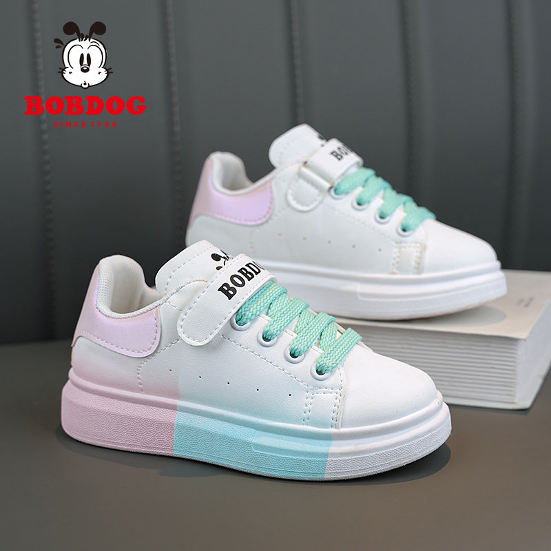 巴布豆童鞋儿童麦昆小白鞋春秋皮面防水小学生运动鞋女童白色板鞋