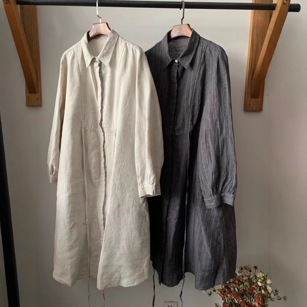 复古文艺日系翻领亚麻连衣裙春季新款宽松简约百搭收腰系带中长裙,女装/女士精品,连衣裙,淘宝优惠券,粉丝福利购,淘宝优惠卷