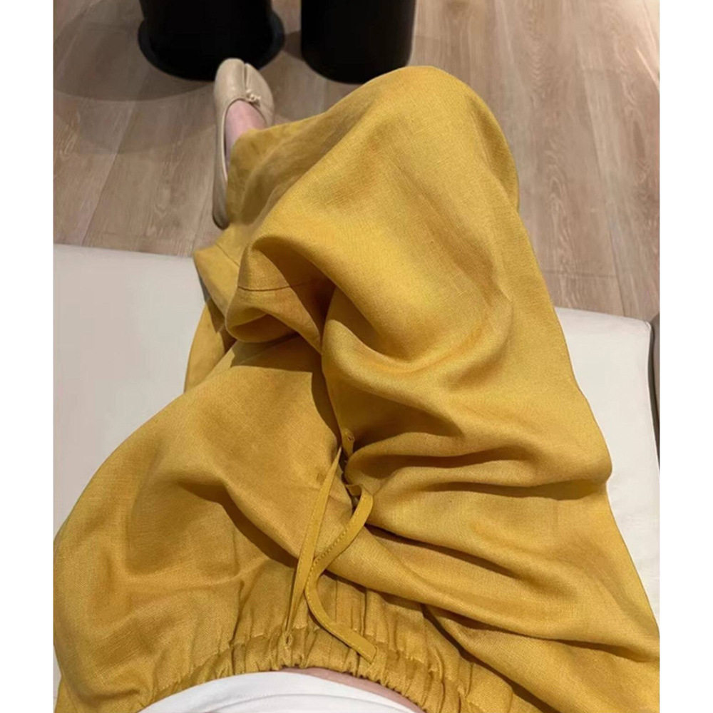 CHAO级推荐！极简高级感姜黄色松紧腰抽绳天丝亚麻休闲阔腿裤春夏