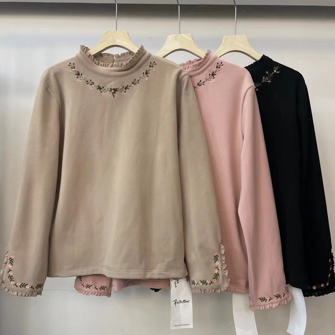 森系刺绣半高领拼木耳边德绒打底衫女秋冬新款复古文艺长袖T恤女