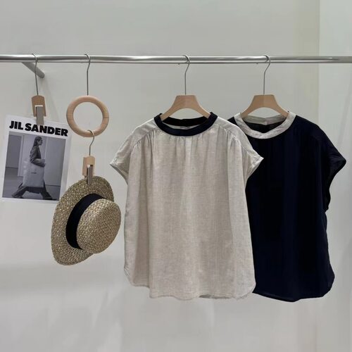 日系撞色圆领汉麻上衣女夏季新款复古文艺后背单排扣捏褶连袖衬衫