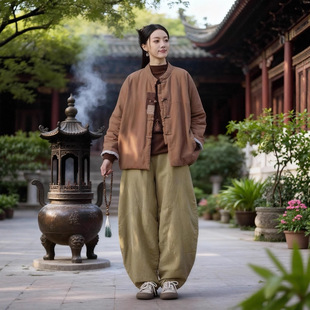 冬装居士服女款新中式棉袄棉麻夹棉外套复古盘扣上衣禅修服女套装