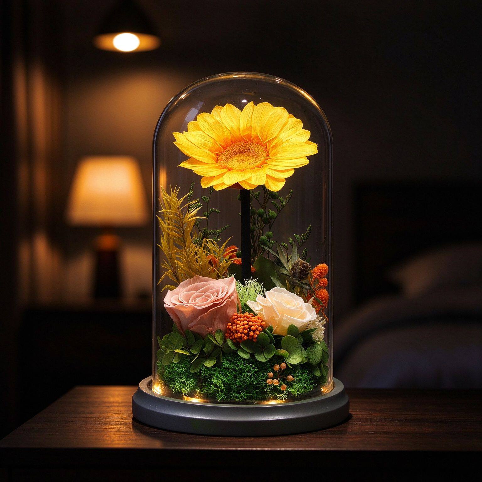 向日葵永生花玻璃罩摆件教师节花束毕业季情侣手工干花花束礼品