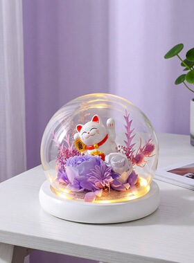 永生花招财猫摆件玫瑰真花干花礼盒家居开业礼品批发亚马逊跨境