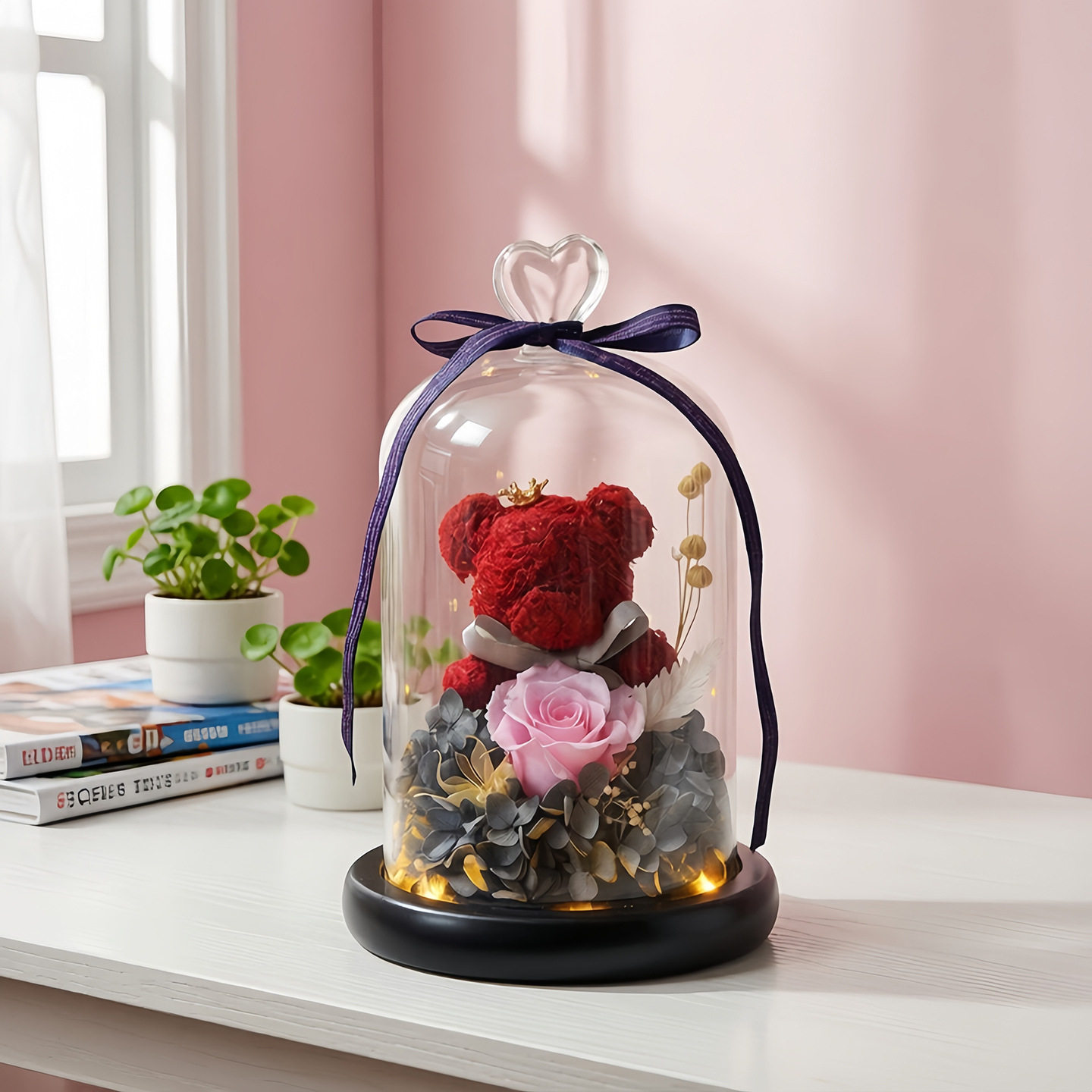 跨境永生花苔藓小熊玻璃罩摆件玫瑰花束成品礼盒情人节创意礼品女