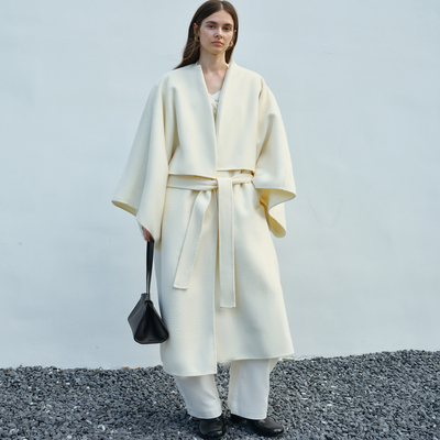RUTHESE 高支羊毛斗篷式宽袖飘逸感白色长款配腰带大衣