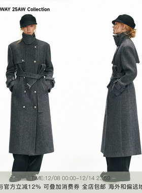胡可的买手店 WHILE AWAY人字纹老钱风毛呢大衣立领宽松长款外套