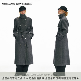 AWAY人字纹老钱风毛呢大衣立领宽松长款 WHILE 外套 买手店 胡可