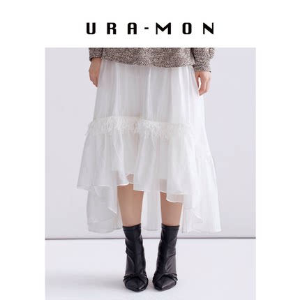 胡可的买手店 URA-MON网纱半裙 A字裙摆前短后长 缎面拼接简约