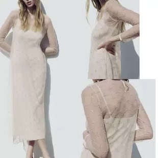 外贸欧美单女士连衣裙夏季新款圆领微透时尚性感长袖网纱长裙