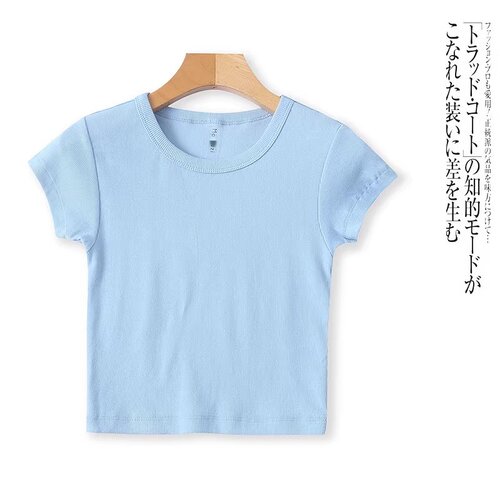 NN5285外贸欧美小女生短款高腰T恤春夏新款圆领条纹修身百搭短袖