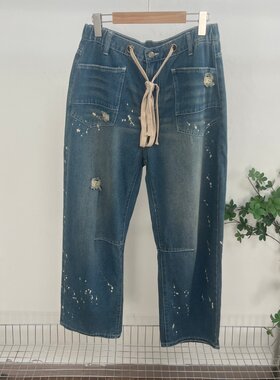 T5471外贸欧美单女士破洞牛仔裤新款半松紧腰抽绳设计宽松直筒裤