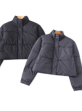 V4869外贸欧美单女士短款棉衣冬季新款立领宽松显瘦时尚高腰棉服