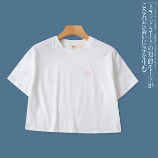 E5289外贸欧美小女生短款高腰T恤夏季新款圆领套头学院风短袖上衣