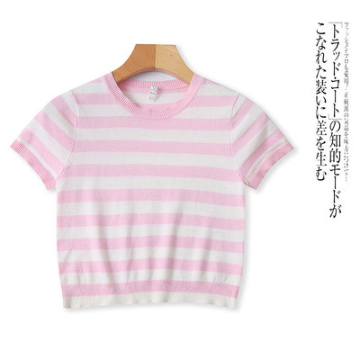 KK2336外贸欧美单儿童短袖针织衫春夏圆领条纹拼色修身女童上衣