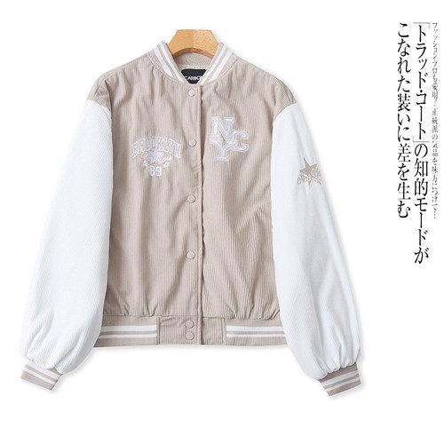 D4963外贸欧美单女装棉衣冬季新款立领灯芯绒拼色宽松时尚棉服