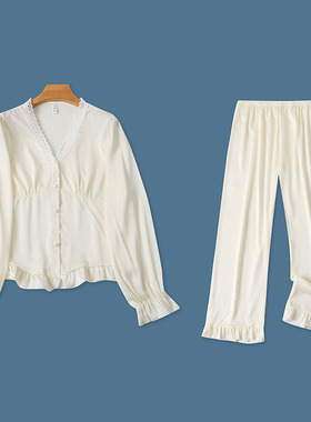 外贸欧美单女士家居服套装新款V领蕾丝花边拼接睡衣松紧腰睡裤