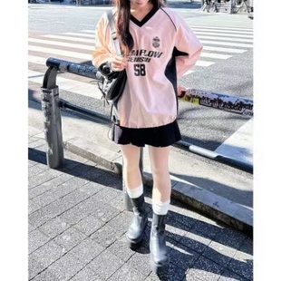 新款 复古女生卫衣秋季 V领拼色字母宽松潮流上衣 美式 外贸日单时尚