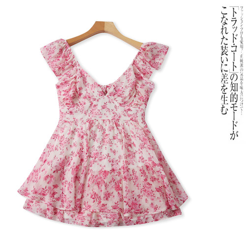 C9459外贸欧美小女生夏季雪纺碎花连衣裙小飞袖V领遮肉小个子短裙