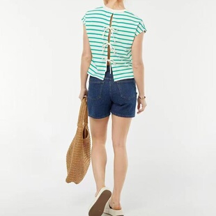 外贸欧美单时尚女生短袖T恤夏季新款圆领套头后背系带条纹上衣