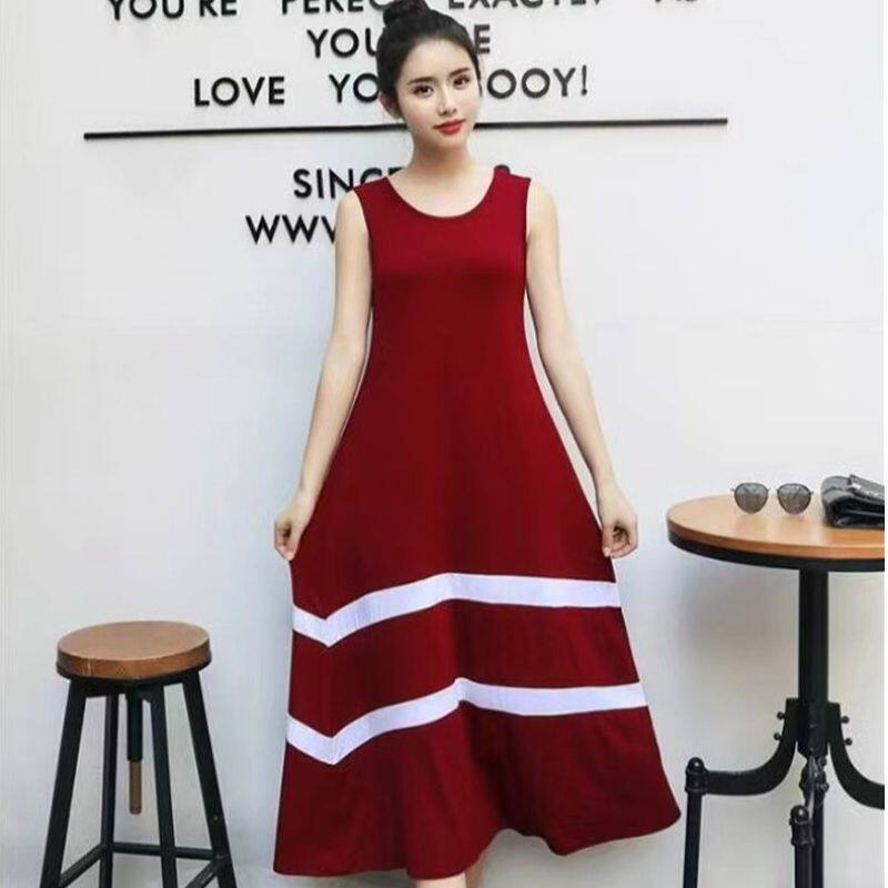 外贸欧美女士背心裙夏季新款圆领无袖拼条纹连衣裙宽松休闲长裙