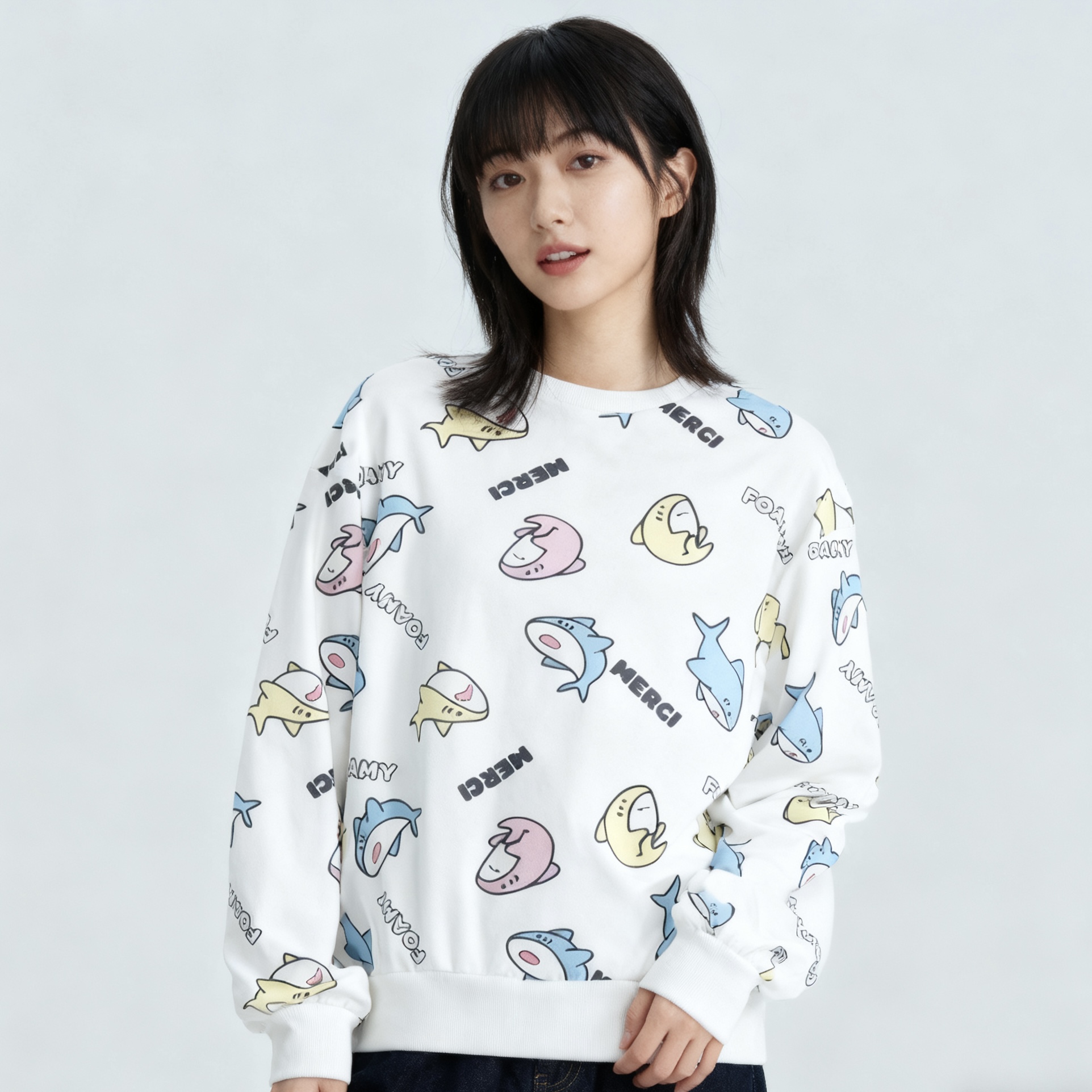 G5650外贸日单学院风女生卫衣新款圆领可爱印花时尚休闲宽松上衣