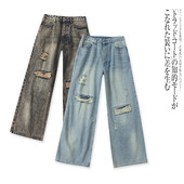 直筒裤 L9030外贸日单潮流个性 半松紧腰宽松时尚 新款 女 破洞牛仔裤