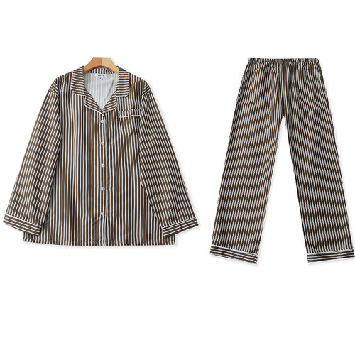 MM5652外贸男女同款长袖条纹家居服套装翻领纽扣睡衣松紧腰睡裤