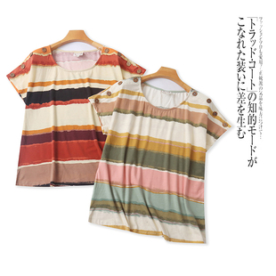 外贸欧美单条纹拼色短袖上衣夏季新款圆领肩有扣女士大码胖MMT恤