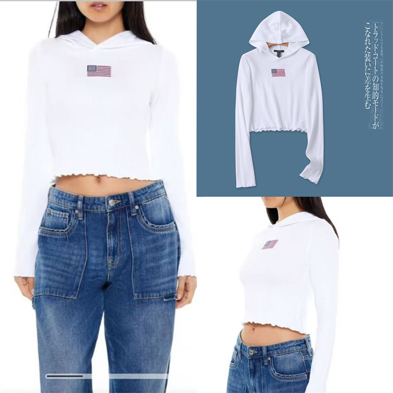 外贸欧美单学院风小女生短款上衣新款连帽弹力修身百搭卫衣