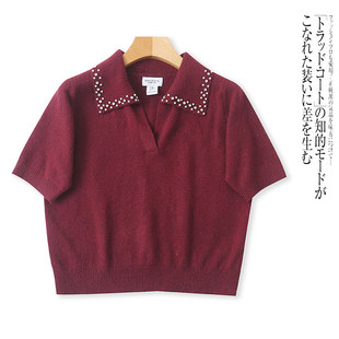 U5966外贸韩版女士短袖薄款针织衫新款翻领套头钉珠设计洋气上衣