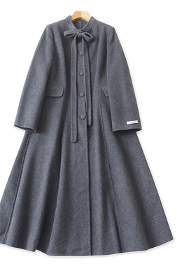 J4587时尚女装气质羊毛大衣冬款立领蝴蝶结系带法式长款呢大衣