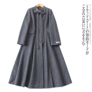 J4587时尚女装气质羊毛大衣冬款立领蝴蝶结系带法式长款呢大衣