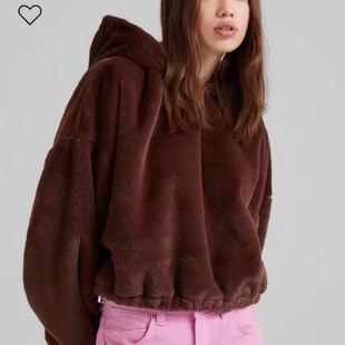 外贸欧美单女士毛绒上衣2025秋冬季新款连帽套头加厚保暖短款绒衫