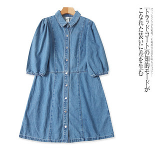 EE1930外贸欧美单女士牛仔裙新款 连衣裙 翻领单排扣高腰显瘦七分袖