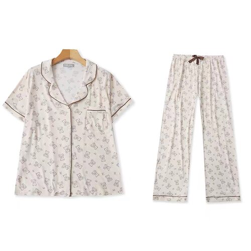 V5291外贸女士短袖家居服新款翻领纽扣印花条纹睡衣松紧腰睡裤
