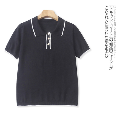 J6245外贸欧美女装短袖针织衫新款翻领套头拼色弹力修身百搭上衣