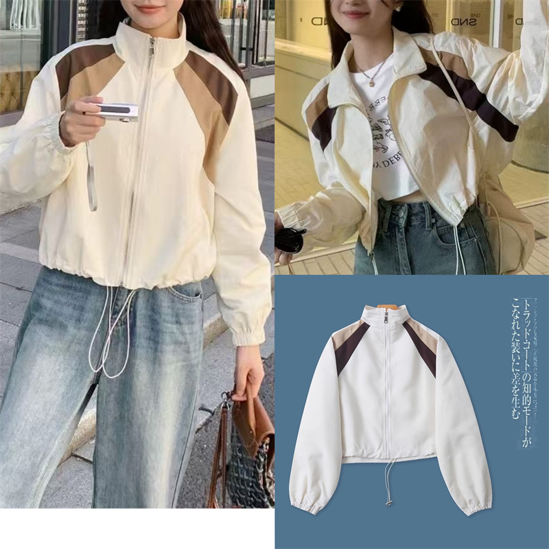 外贸欧美单女士短款外套2025秋季新款立领拼色宽松时尚休闲上衣